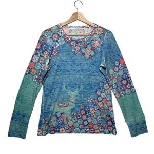 Whimsy Rose Long Sleeve Floral Baby Waffle Knit Shirt Deer Motif Sz L Artsy USA